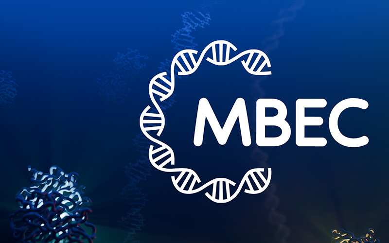 The letters 'MBEC' encircled in a horseshoe of DNA helix, on a blue background